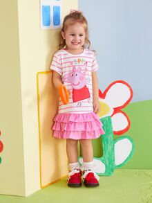 Peppa Pig X SHEIN Young Girl Striped Print Round Neck Short Sleeve Ruffle Hem Cute Dress Peppa Pig - Pink - View 3