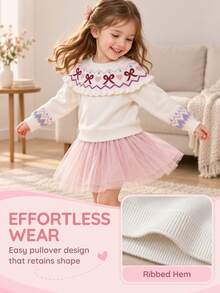 SHEIN Áo len dệt kim mùa thu/đông cho bé gái, màu nền be, họa tiết Fair Isle jacquard, thiết kế bèo nhún và nơ, họa tiết trái tim ở cổ tay, chất vải mềm, kiểu chui đầu cổ tròn, dáng rộng, dễ phối đồ mặc hàng ngày, dễ thương và ngọt ngào - trắng - Xem 6