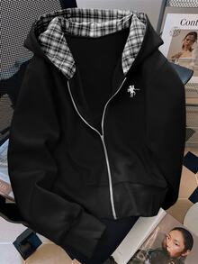 SHEIN PETITE Women's Knight Print Zip Front Hooded Regular Jacket - Black - View 1