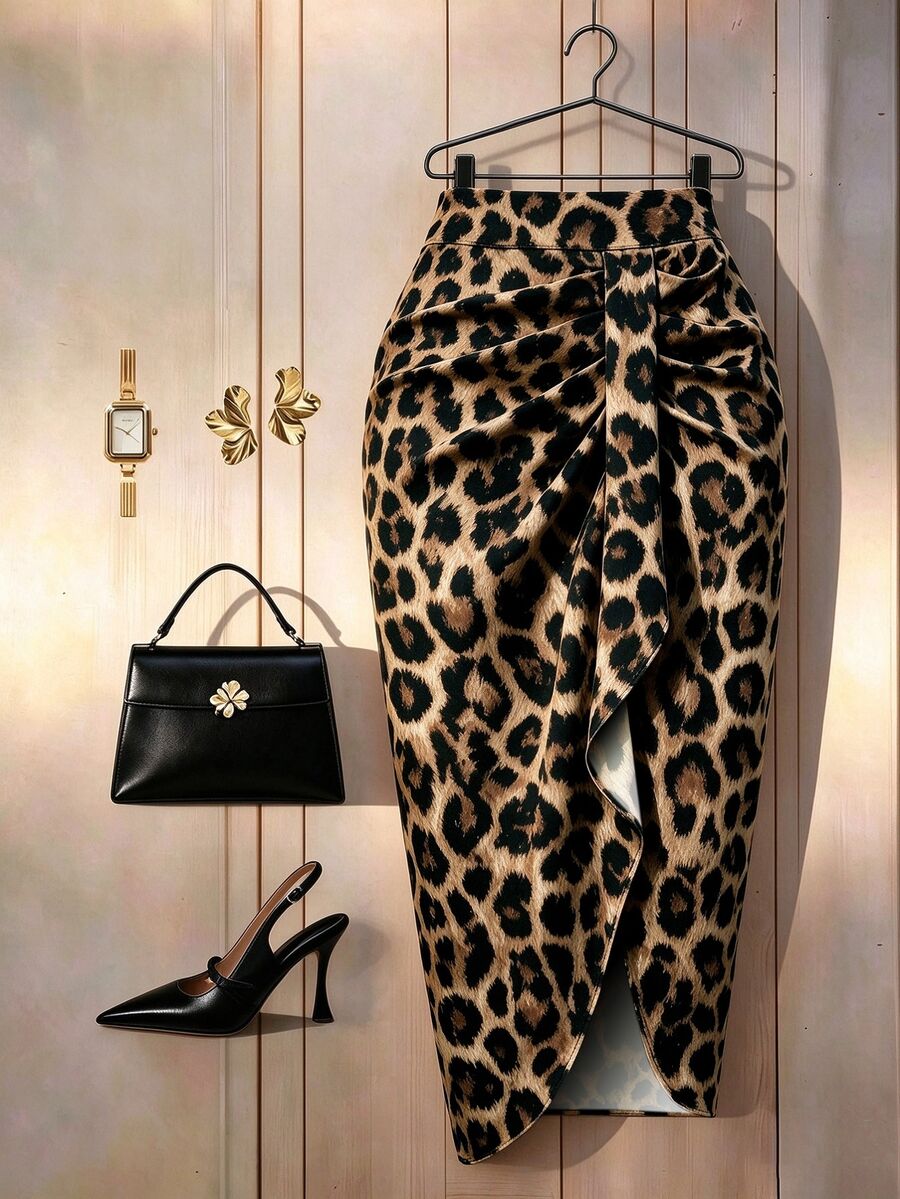 Franclia Leopard Print Ruched Asymmetrical Hem Skirt - Multicolor - View 1