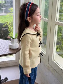 Dazy Kids Infant/Toddler (Girl) Contrast Color Bow Collar Long Sleeve Autumn/Winter Korean Style Top - Apricot - View 7