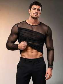 ZURIURI Men's Sexy See-Through Fishnet Mesh Dark Fashion Long Sleeve T-Shirt - Black - View 6
