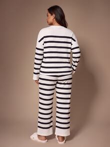 Lazeform Ultra Soft Ribbed Plus Size Pajama Set Button Striped Casual Loungewear - Black and White - View 2