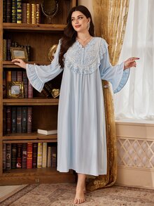 PalaceNights Embroidered Lace Loose Elegant Palace Style Plus Size Long Nightgown - Blue - View 3