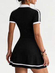 SHEIN Dewbera Rompi Aktif Leher Tinggi dengan Resleting Setengah dan Rok dengan Hiasan Kontras - Hitam - View 2
