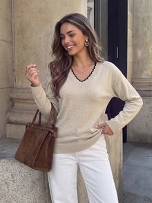 SHEIN LUNE Sweater Lengan Panjang Leher V Kasual untuk Wanita, Musim Gugur/Dingin - Aprikot - View 5