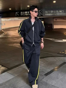DAZY Spring/Autumn Navy Blue Fabric With Yellow Stripe Contrast Stand Collar Zip-Up Jacket Set For Men - Navy Blue - View 2