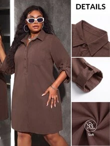 Slaydiva Plus Size Women's Solid Color Casual Daily Summer Denim Dress - Brown - View 1
