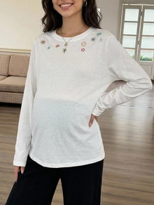 DAZY Embroidered Pattern Loose Long Sleeve Round Neck Casual Everyday Versatile Spring Autumn Maternity T-Shirt - White - View 10