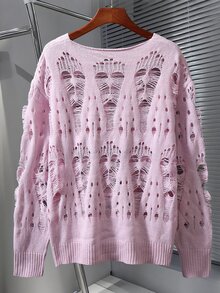 Claim Dot Men Solid Ripped Drop Shoulder Sweater, For Fall, Long Sleeve Top - Pink - View 2