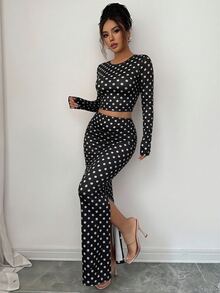 Elenzga 2件組女款時尚圓領優雅緊身不對稱藍色長袖T恤與緊身長裙套裝，適合晚宴夜出秋季穿搭 - 彩色 - 查看 3