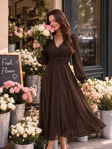 Editum Women's Solid Color Overlap V-Neck Lantern Sleeve Elegant Long Dress Dinner Date Night Coffee Brown Fall - Coffee Brown - View 3