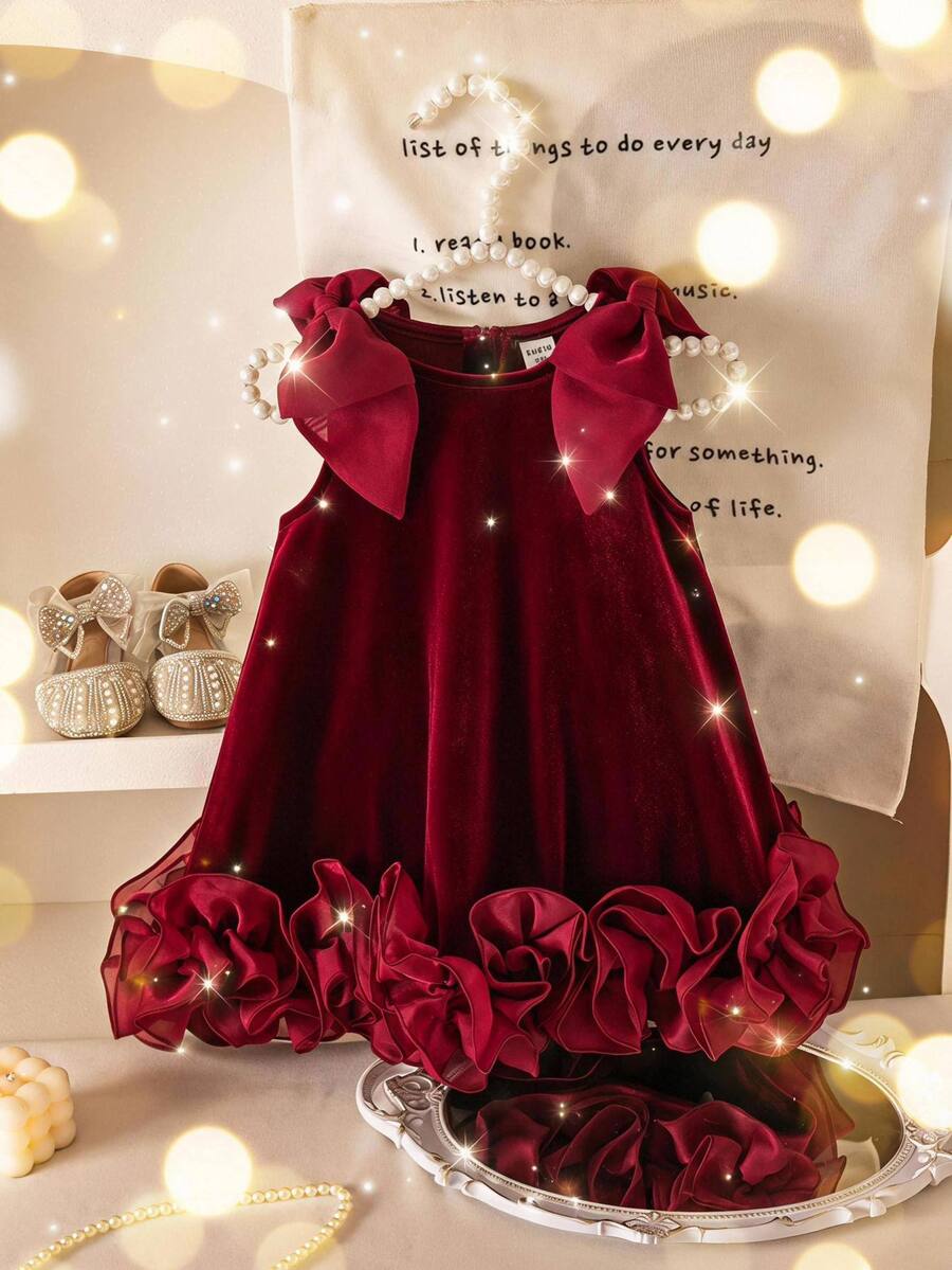 SHEIN Baby Girl Knit Solid Color Velvet Round Neck 3D Bow Ruffle Sleeveless Dress - Multicolor - View 1
