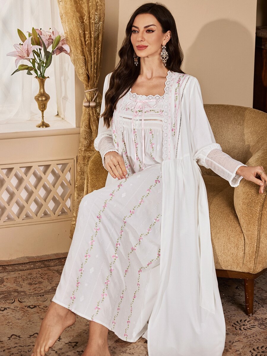 PalaceNights Vintage Palace Romantic Women's Robe + Camisole Long Nightgown 2 Pieces Set - White - View 1
