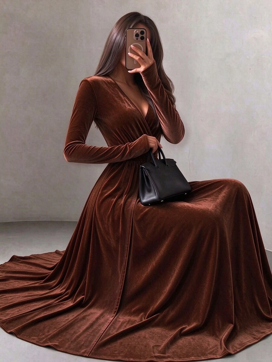 Elenzga Minimalist Elegant Women's Long Dress, Soft Drape Fit, Daily Commute Slimming Dress - Brown - View 1