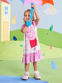 Peppa Pig X SHEIN Young Girl Letter Cartoon Print Pleated Casual Daily Summer Dress - Pink - View 5