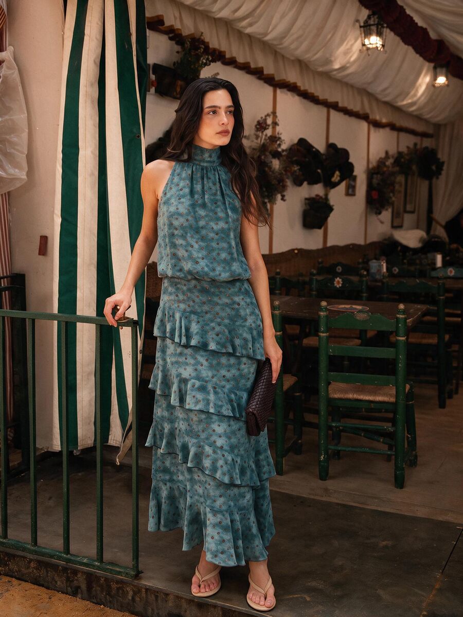 Nöista Vestido largo con cuello halter y volantes en la falda. - Neblina azul - Ver 1
