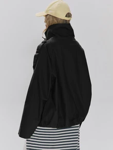 MUSERA 高領雙排扣前襟寬鬆短版風衣式夾克，秋冬日常穿搭外套 - 黑色 - 查看 4
