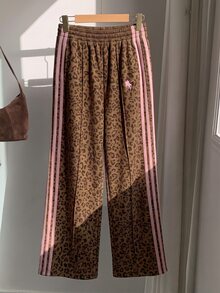 SHEIN EZwear 女款豹紋拼色休閒日常運動長褲 - 粉色 - 查看 3