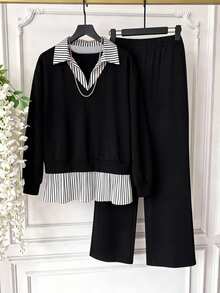 GlowEve CURVE Autumn-Style Top With Decorative Embellishments And Contrasting Pleated Hem, Paired With Trousers. - Black - View 1