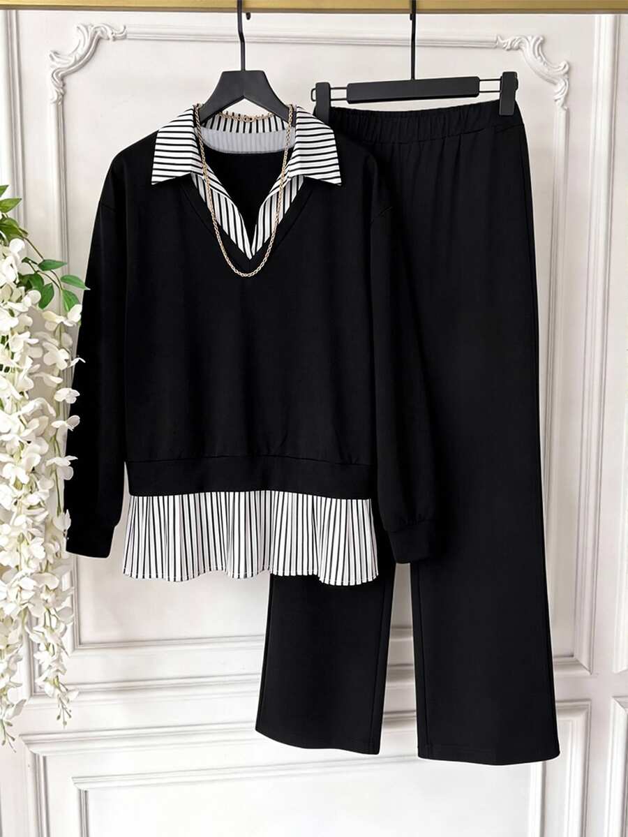 GlowEve CURVE Autumn-Style Top With Decorative Embellishments And Contrasting Pleated Hem, Paired With Trousers. - Black - View 1