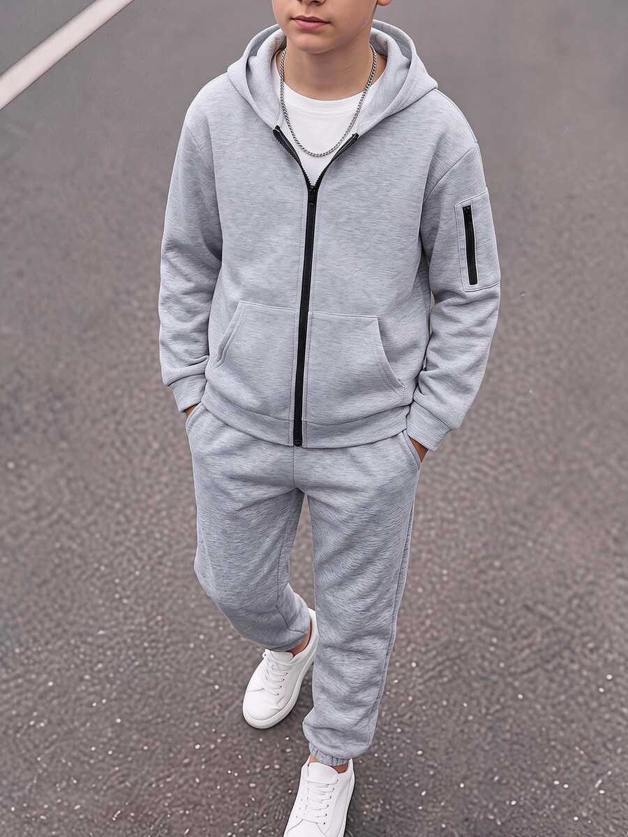 SHEIN Teen Boy Zip-Up Hoodie And Pants Casual Daily Outfit Set - Grey - View 1