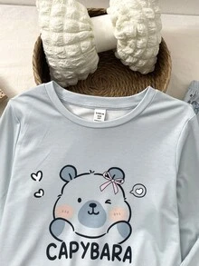 SHEIN 少女卡通印花圓領套頭上衣與寬鬆長褲針織面料柔軟舒適休閒睡衣套裝 - 灰色 - 查看 5