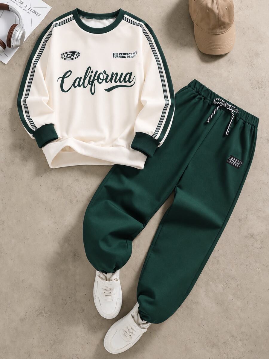 SHEIN Coolqubz 青少年男孩連帽衫與運動衫套裝,2件組休閒長袖套頭運動服套裝,適合秋冬/聖誕節/Noël,秋季套裝 - 墨綠色 - 查看 1