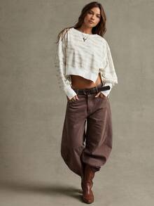 WESTFADE Áo nỉ croptop tay dài xẻ gấu - Màu be - Xem 5