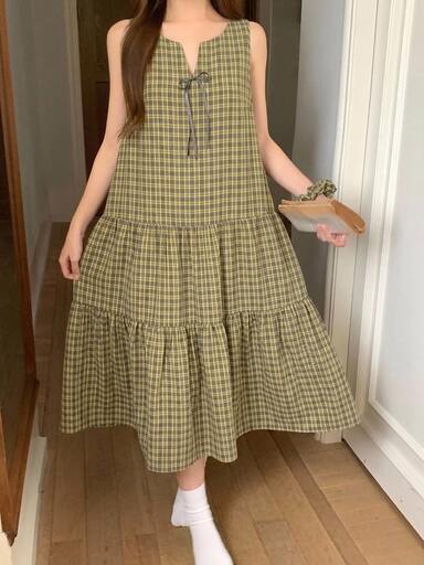 DAZY Vestido casual sin mangas con estampado a cuadros, cuello con muesca y dobladillo con volantes para mujer, pijama de verano