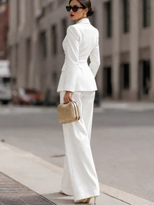 Balvessa Solid Peak Collar Single Breasted Blazer & Suit Pants Set - White - View 2