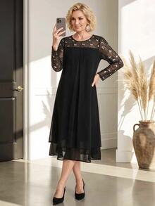Miaspire Women Ageless Contrast Sequins Lace Yoke Long Sleeve Fold Pleated Dress - Black - View 4