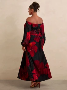 Travachic CURVE+ Red And Black Tie Dye One-Shoulder Long SleeveMaxi Dress, Pleated Ruched Body, Rhinestone Detail, Elegant Party Vacation Dress,Christmas Dress - Black - View 2