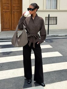 Muchica Women's Solid Color Waist Tie Casual Versatile Daily Long Sleeve Jacket - Brown - View 3