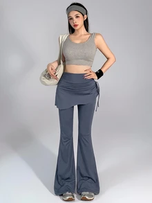 DAZY 女款夏季高腰黑色二合一裙褲，抓皺喇叭褲腿，修身顯瘦，運動健身休閒通勤健身房度假，韓系風格 - 藏蓝色 - 查看 5