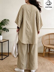 Ceyna Plus Striped Print Batwing Sleeve Top & Wide Leg Pants Set - Khaki - View 2