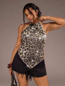 Freevana Plus Size Women's Leopard Print Sequin Asymmetrical Hem Halter Tank Top - Grey - View 5