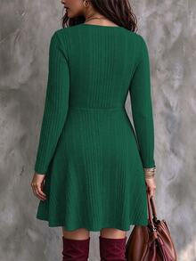 Vionelle Plus Ribbed Knit Scoop Neck Dress Without Belt Fall Cloth For Women - Dark Green - View 2