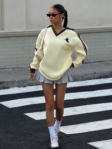 Muchica 女款秋冬對比色緞面絲帶刺繡寬鬆 Polo 領運動衫，適合外出、街頭風與 Y2K 風格 - 黃色 - 查看 5