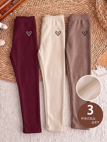 SHEIN 3件組少女純色修身休閒保暖內搭褲套裝，保暖長褲包裝 - 酒紅色 - 查看 1