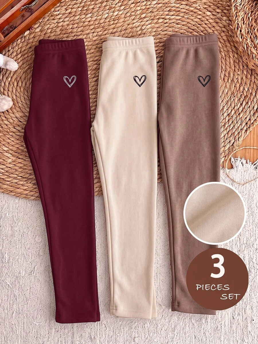SHEIN 3件組少女純色修身休閒保暖內搭褲套裝,保暖長褲包裝 - 酒紅色 - 查看 1