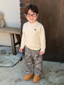 Hapijoa 嬰兒/幼兒（男童）圓領麻花編織卡通刺繡長袖純色毛衣 - 白色 - 查看 5