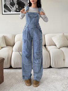 Rivivi Women's Button Design Cargo Pocket Wide Leg Casual Denim Overalls - Blue - View 8