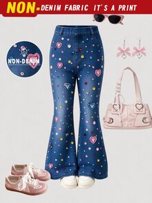 SHEIN 4-7歲女童丹寧風喇叭褲，愛心與鑽石印花設計，甜美可愛風格，春/秋季 - 黑色 - 查看 4