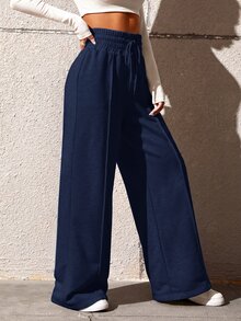 SHEIN Tall CURVE 大尺碼女款休閒寬鬆直筒長褲 秋季 - Infinite Blue - 查看 3