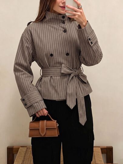 INAWLY Abrigo corto tipo trench de estilo francés para otoño/invierno, cuello alto, doble botonadura, cintura ceñida, rosa claro, chaqueta elegante de oficina para ir al trabajo