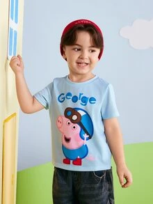 Peppa Pig X SHEIN Young Boy Letter Cartoon Print Casual Daily Short Sleeve T-Shirt - Blue - View 6