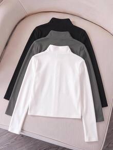 SHEIN EZwear 3件組女款純色拉鍊開襟保暖內裡T恤 - 彩色 - 查看 2
