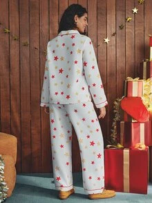 Esseday Star Print Contrast Piping PJ Set - White - View 4