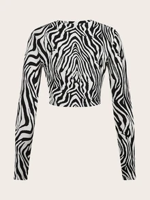 SHEIN Essnce 4件組女款豹紋、斑馬紋與純色圓領長袖休閒T恤 - 彩色 - 查看 10